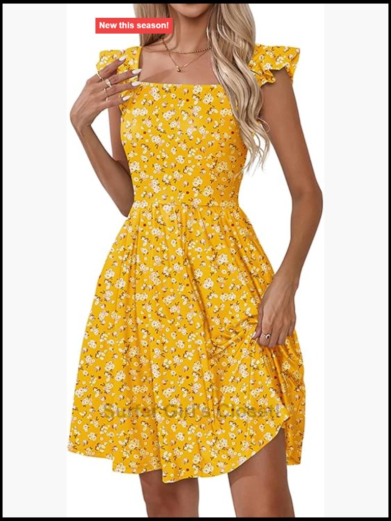 Square Neck Floral Sundress With Pockets A-Line Flowy Beach Dress